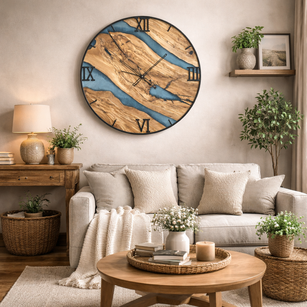 Zegar ścienny z drewna oliwnego i żywicy epoksydowej w metalowej obręczy