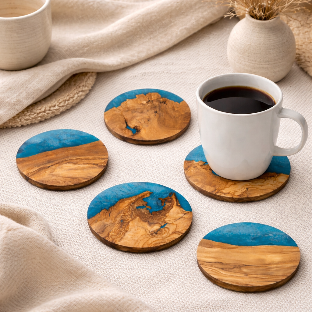 Okrągłe podkładki pod kubek z drewna oliwnego i żywicy epoksydowej