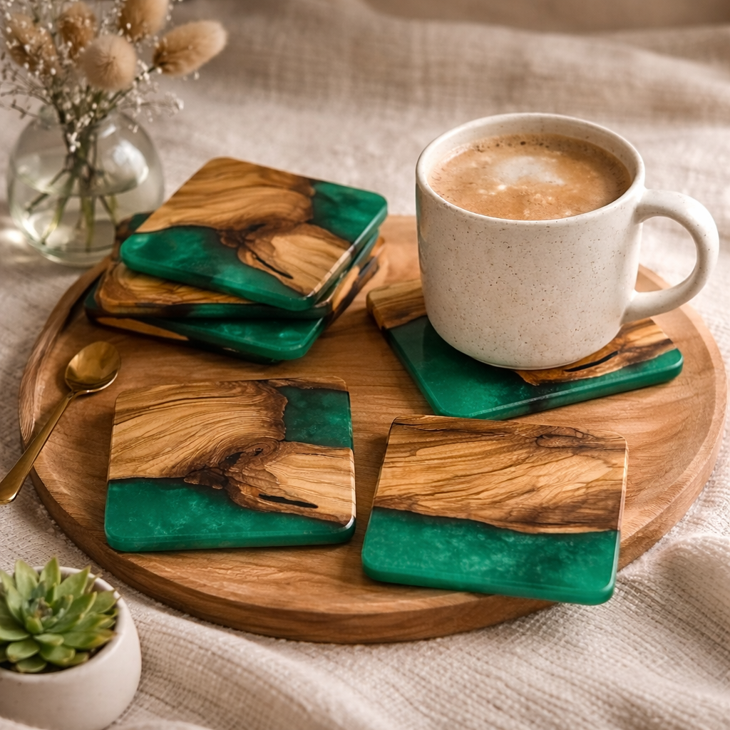 Kwadratowe podkładki pod kubek z drewna oliwnego i żywicy epoksydowej