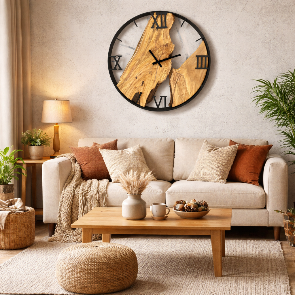 Zegar ścienny z drewna oliwnego w metalowej obręczy