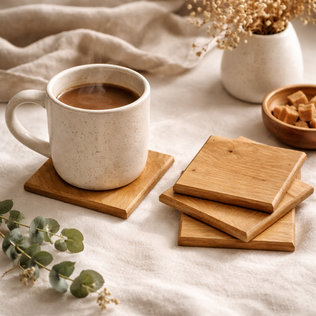 Kwadratowe podkładki pod kubek z drewna dębowego
