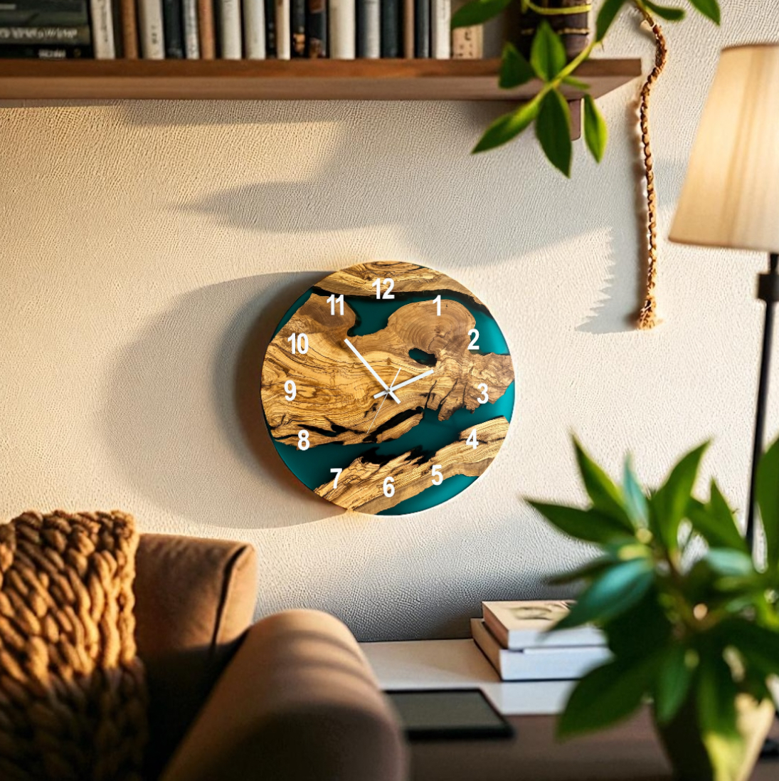 Zegar ścienny z drewna oliwnego i żywicy epoksydowej