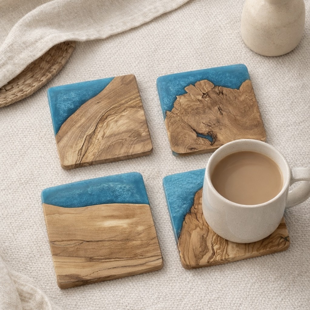 Kwadratowe podkładki pod kubek z drewna oliwnego i żywicy epoksydowej