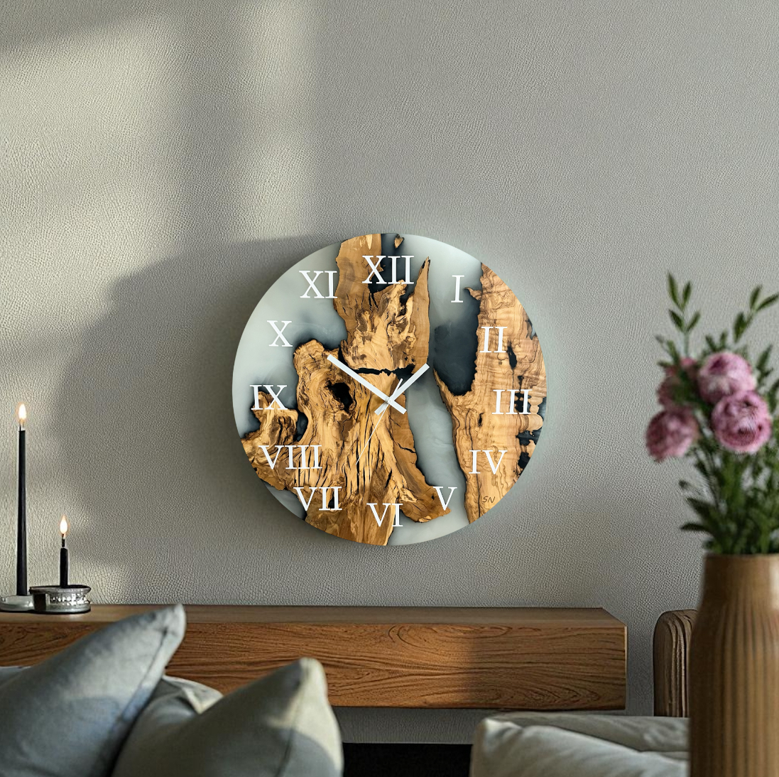 Zegar ścienny z drewna oliwnego i żywicy epoksydowej