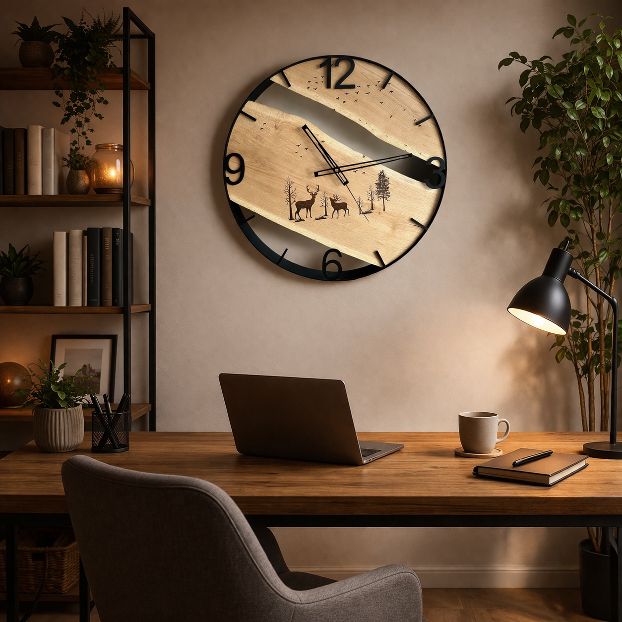 Zegar ścienny z drewna dębowego w metalowej obręczy z grawerem - jelenie