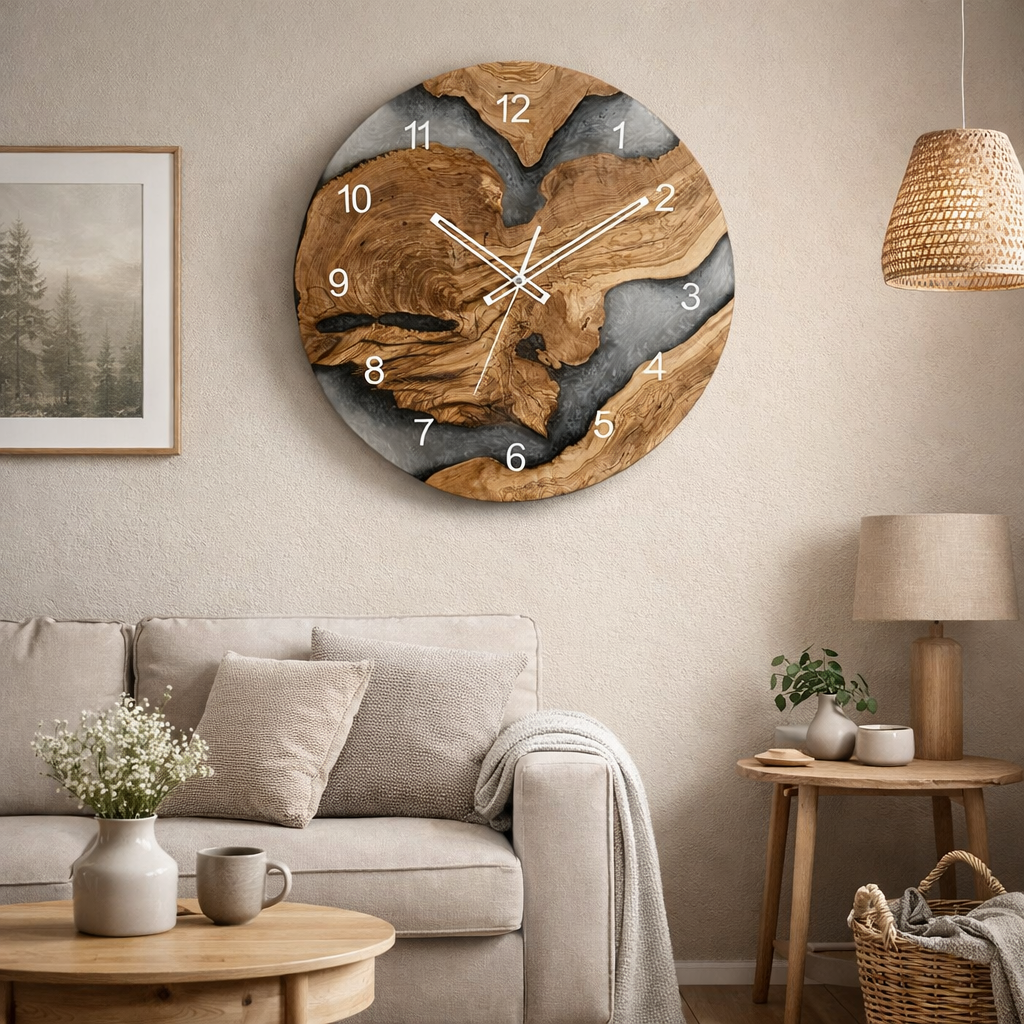 Zegar ścienny z drewna oliwnego i żywicy epoksydowej