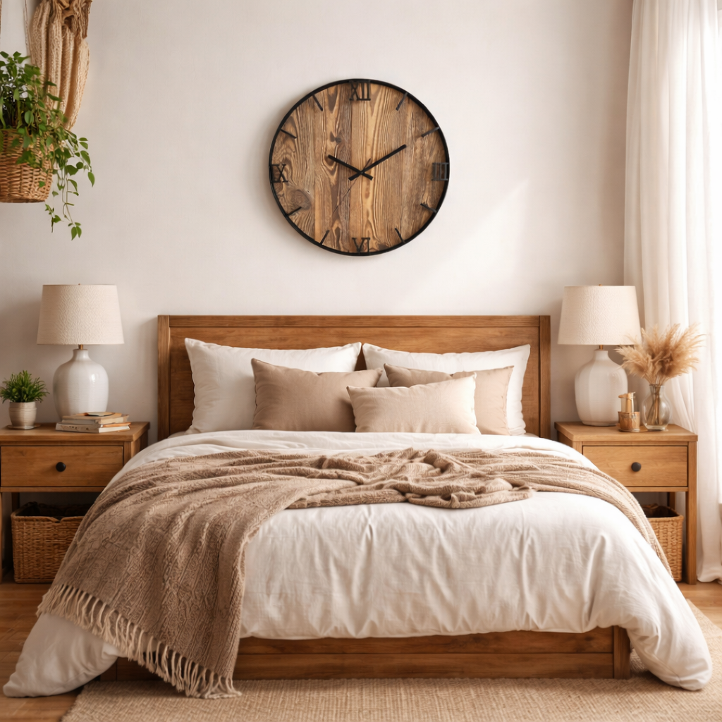 Zegar ścienny z desek w metalowej obręczy