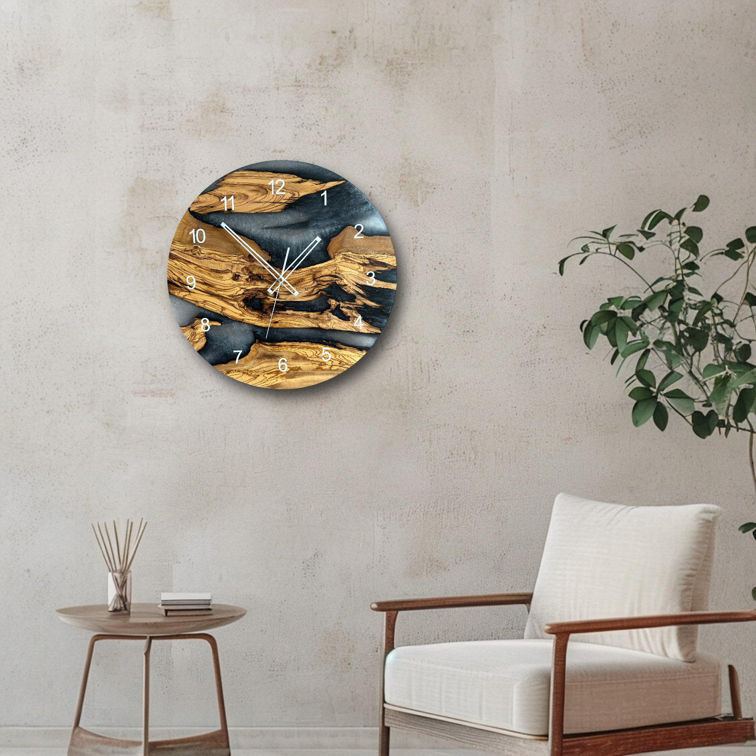 Zegar ścienny z drewna oliwnego i żywicy epoksydowej