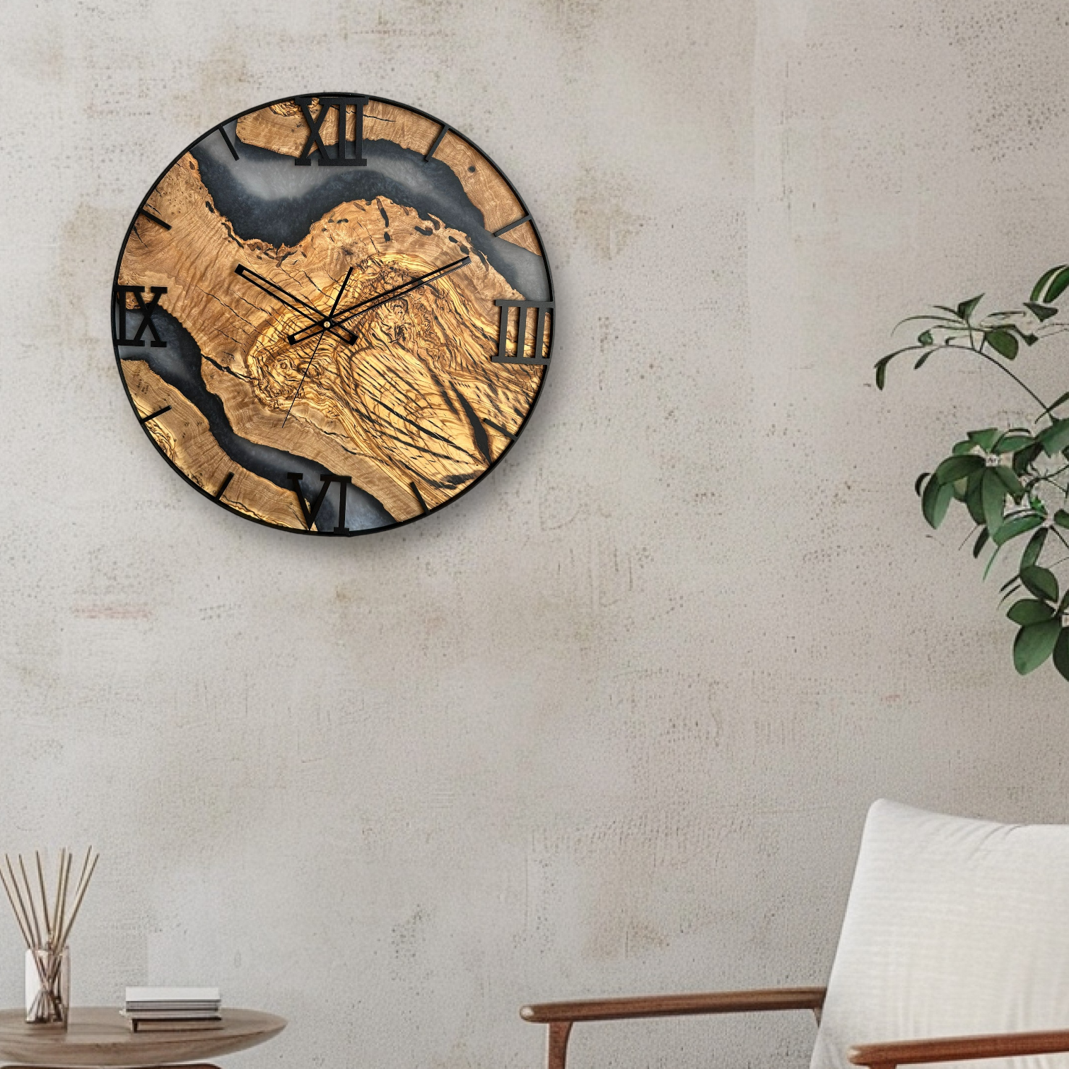Zegar ścienny z drewna oliwnego i żywicy epoksydowej w metalowej obręczy