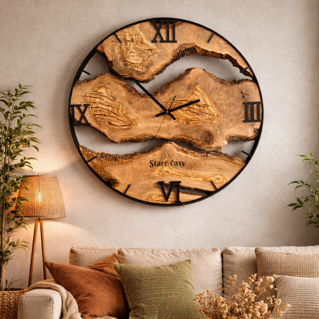 Zegar ścienny z drewna oliwnego w metalowej obręczy z grawerem