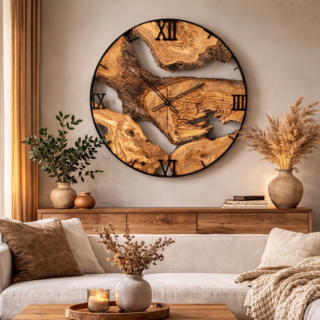 Zegar ścienny z drewna oliwnego w metalowej obręczy
