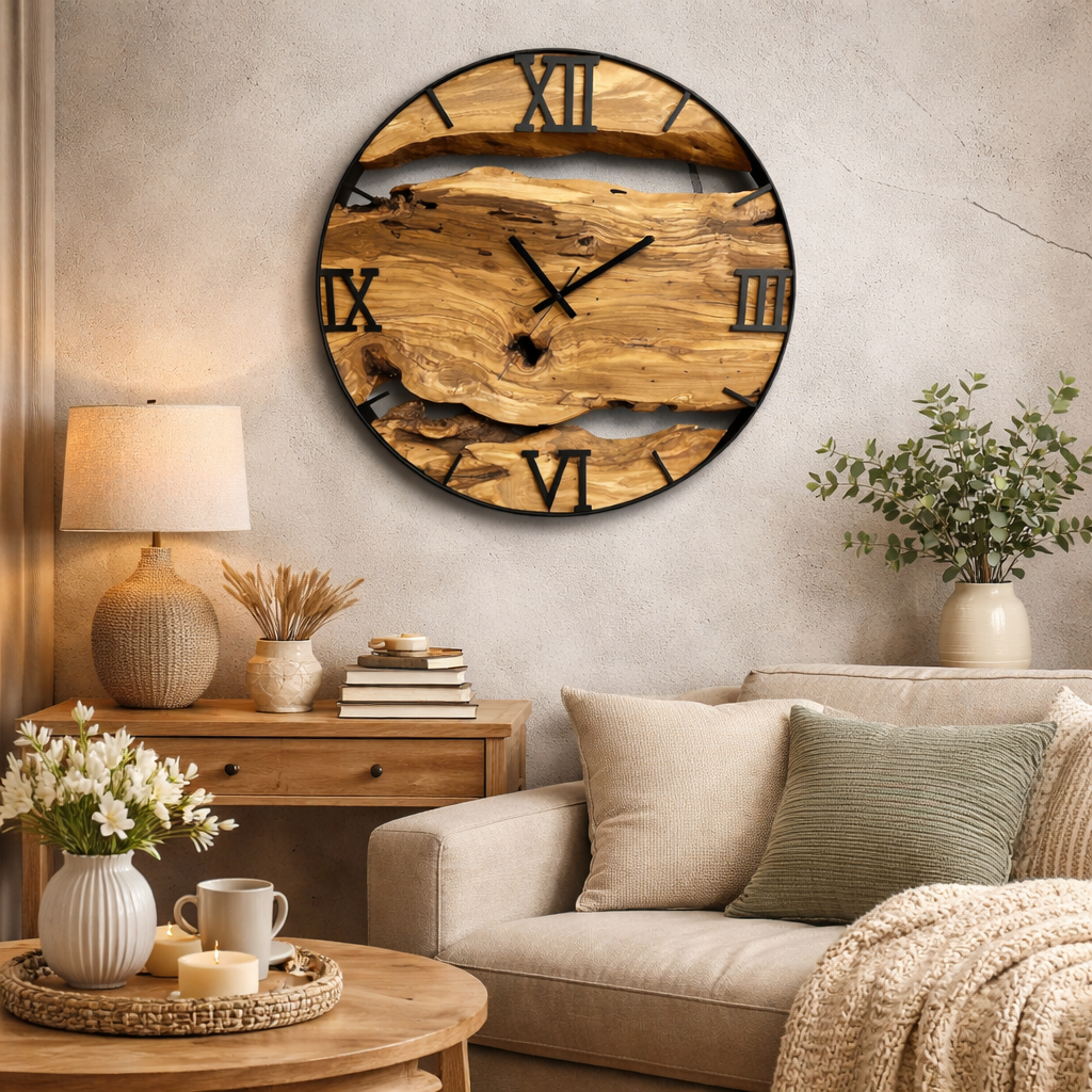 Zegar ścienny z drewna oliwnego w metalowej obręczy