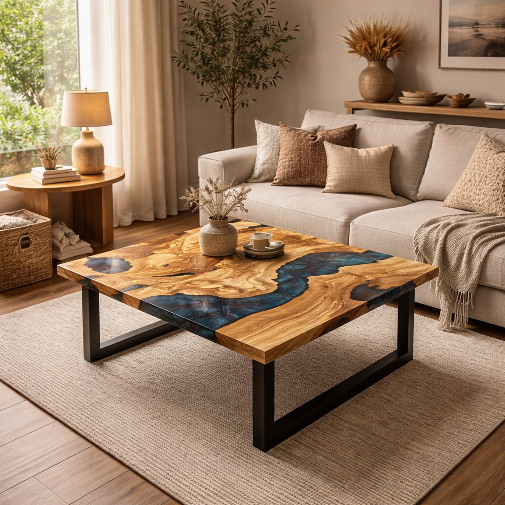 Stolik kawowy z drewna oliwnego i żywicy epoksydowej