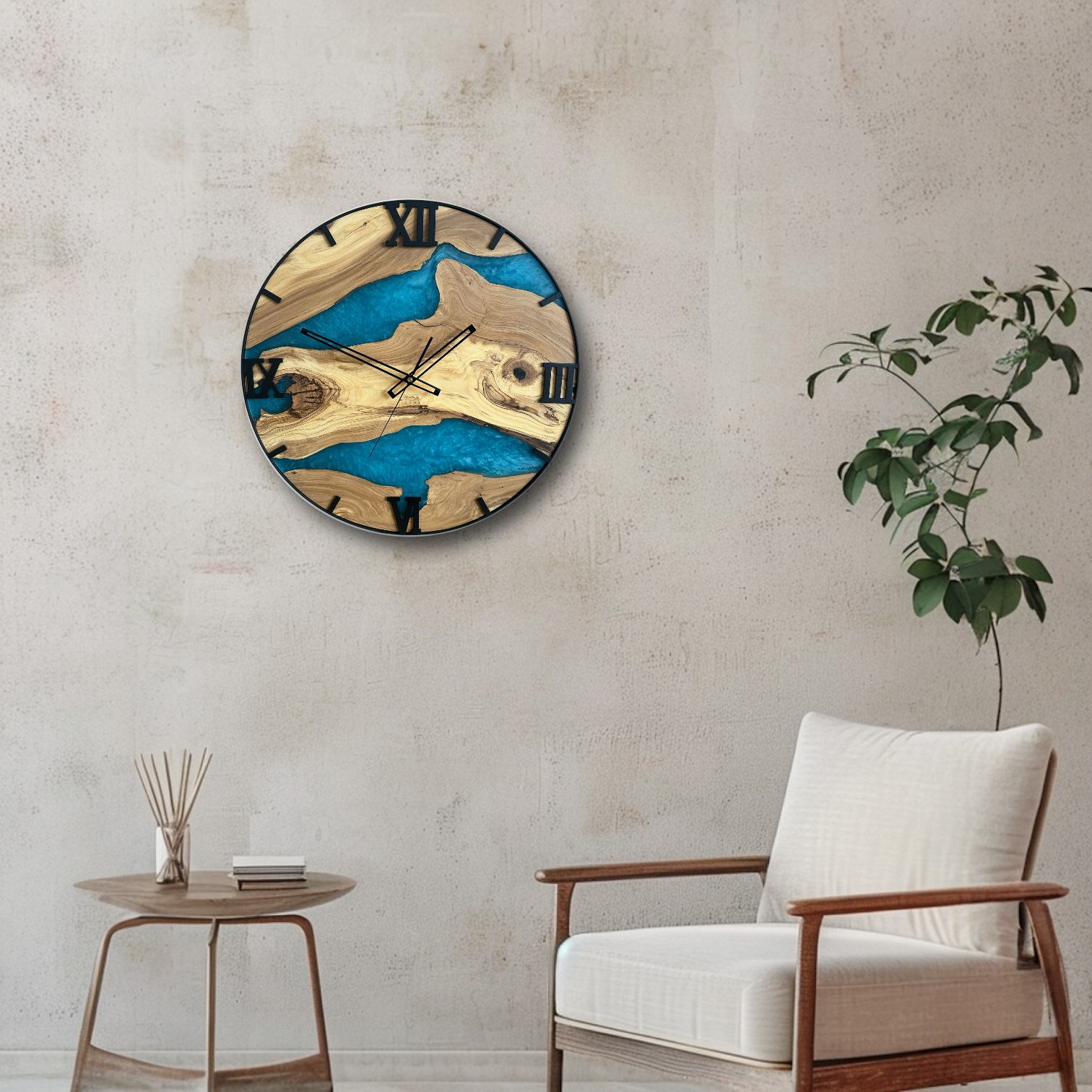 Zegar ścienny z drewna oliwnego i żywicy epoksydowej w metalowej obręczy
