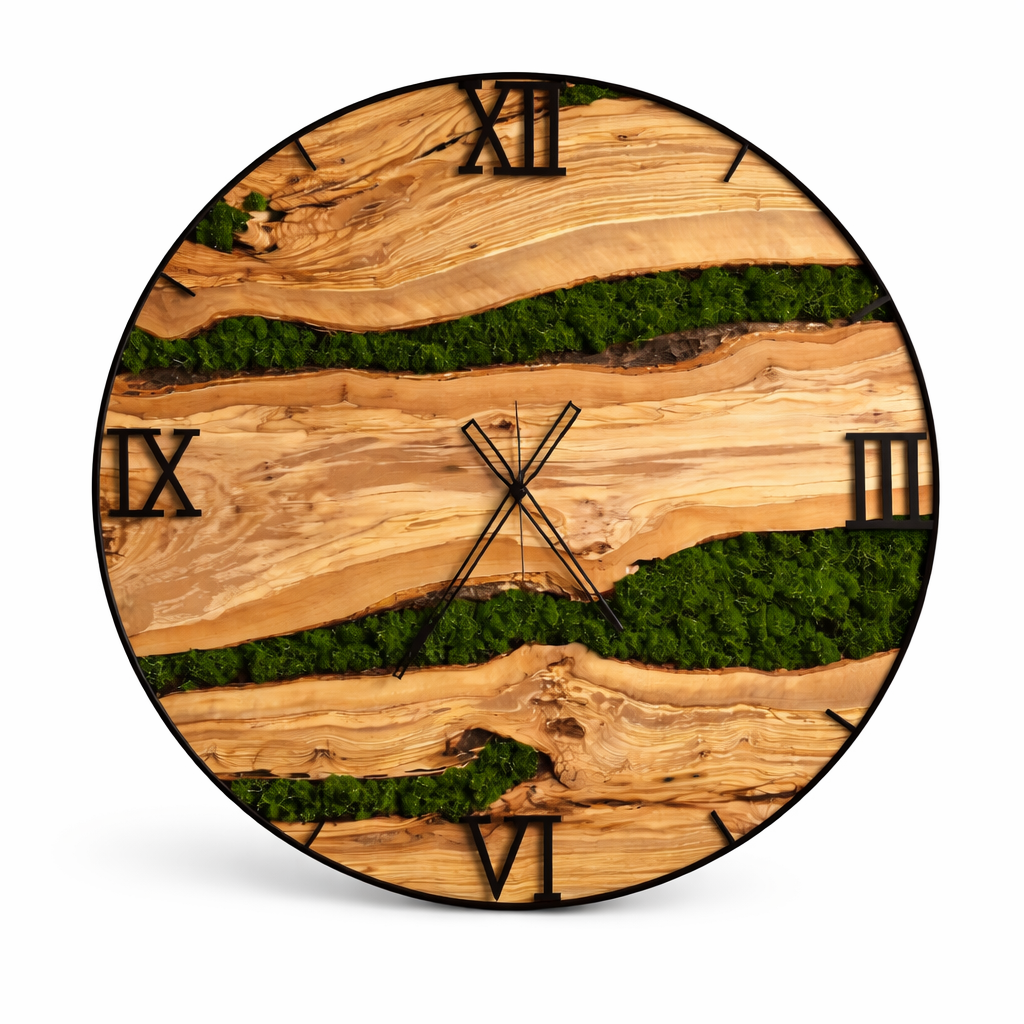 Zegar ścienny z drewna oliwnego w metalowej obręczy z dodatkiem mchu chrobotka