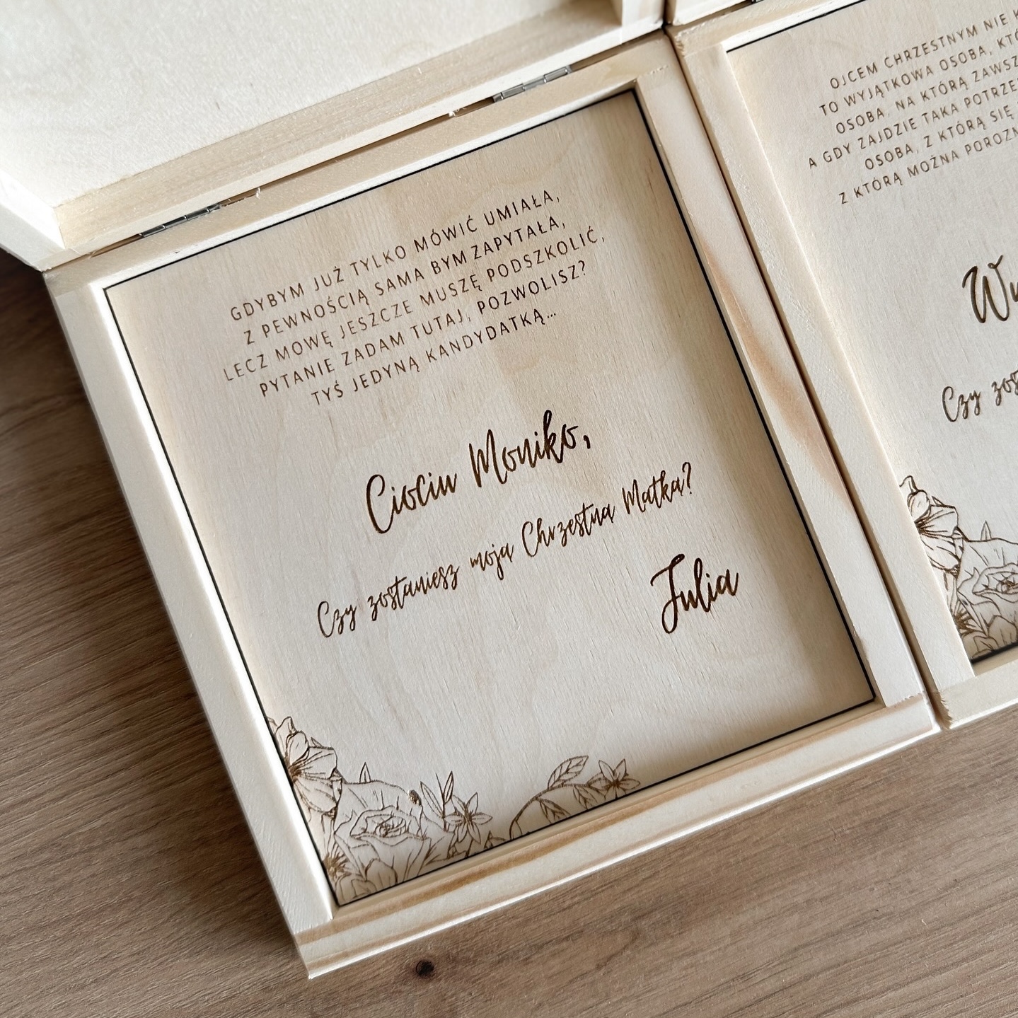 Pudełko drewniane - pytanie do Chrzestnego/Chrzestnej z możliwością dołączenia zdjęcia dziecka - obrazek 3