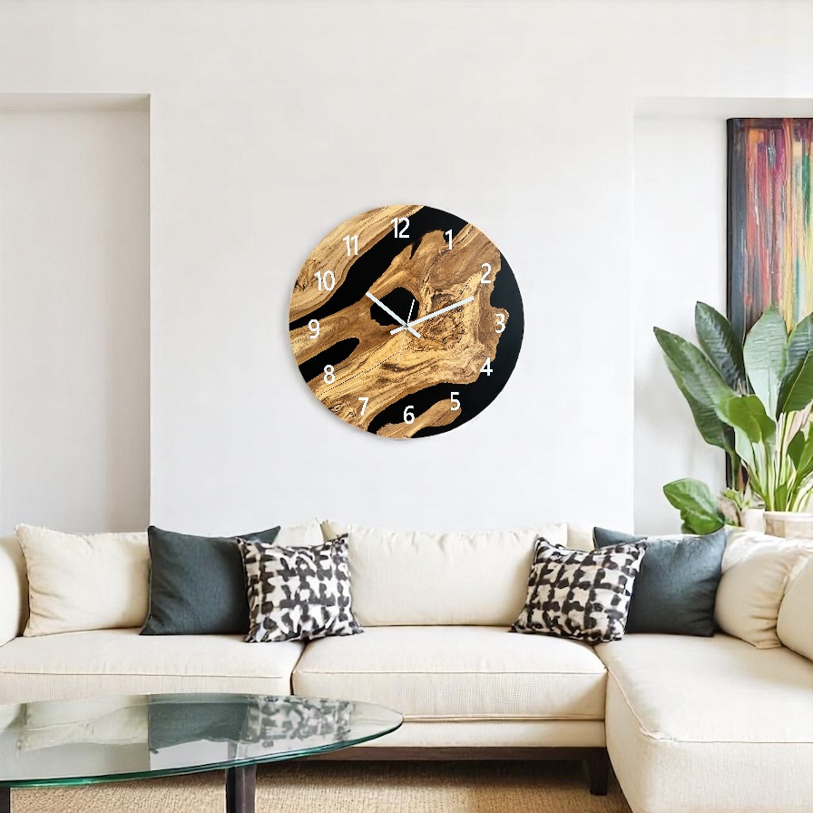 Zegar ścienny z drewna oliwnego i żywicy epoksydowej