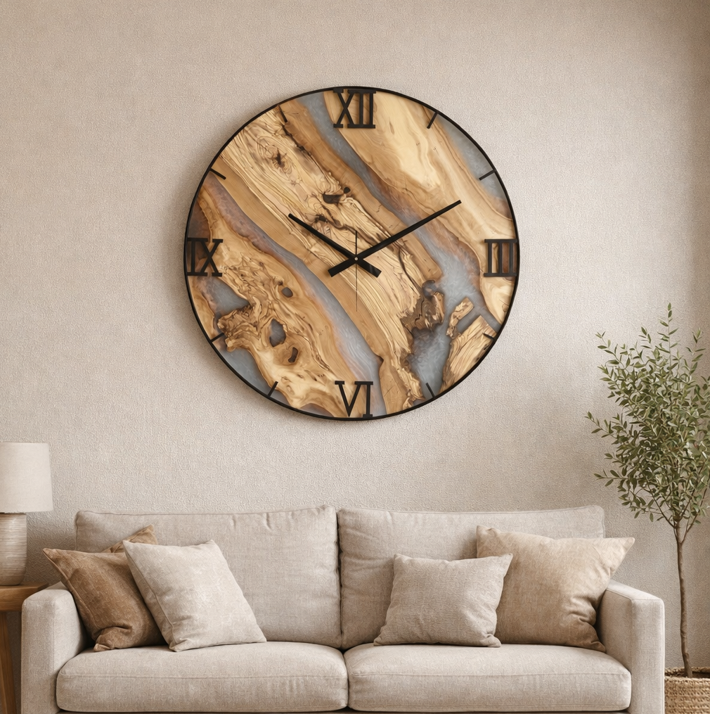 Zegar ścienny z drewna oliwnego i żywicy epoksydowej w metalowej obręczy
