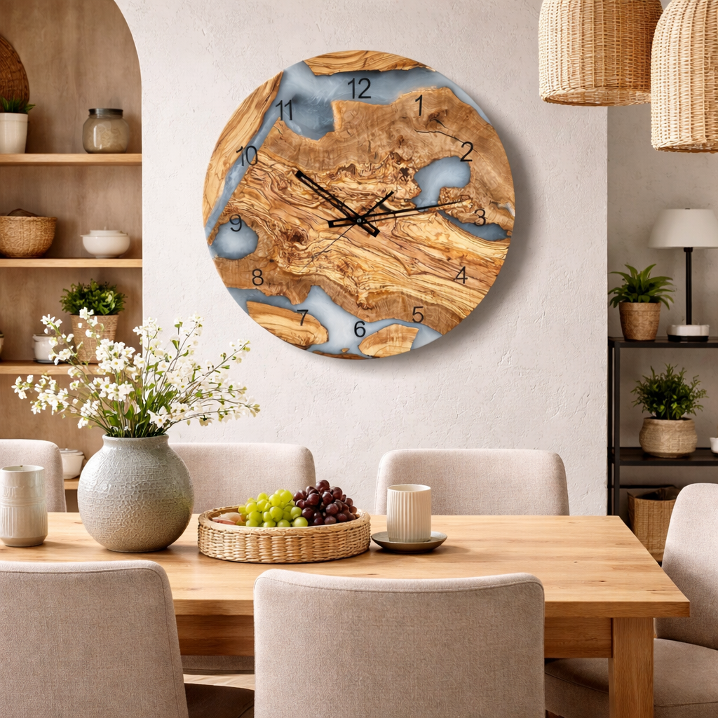 Zegar ścienny z drewna oliwnego i żywicy epoksydowej
