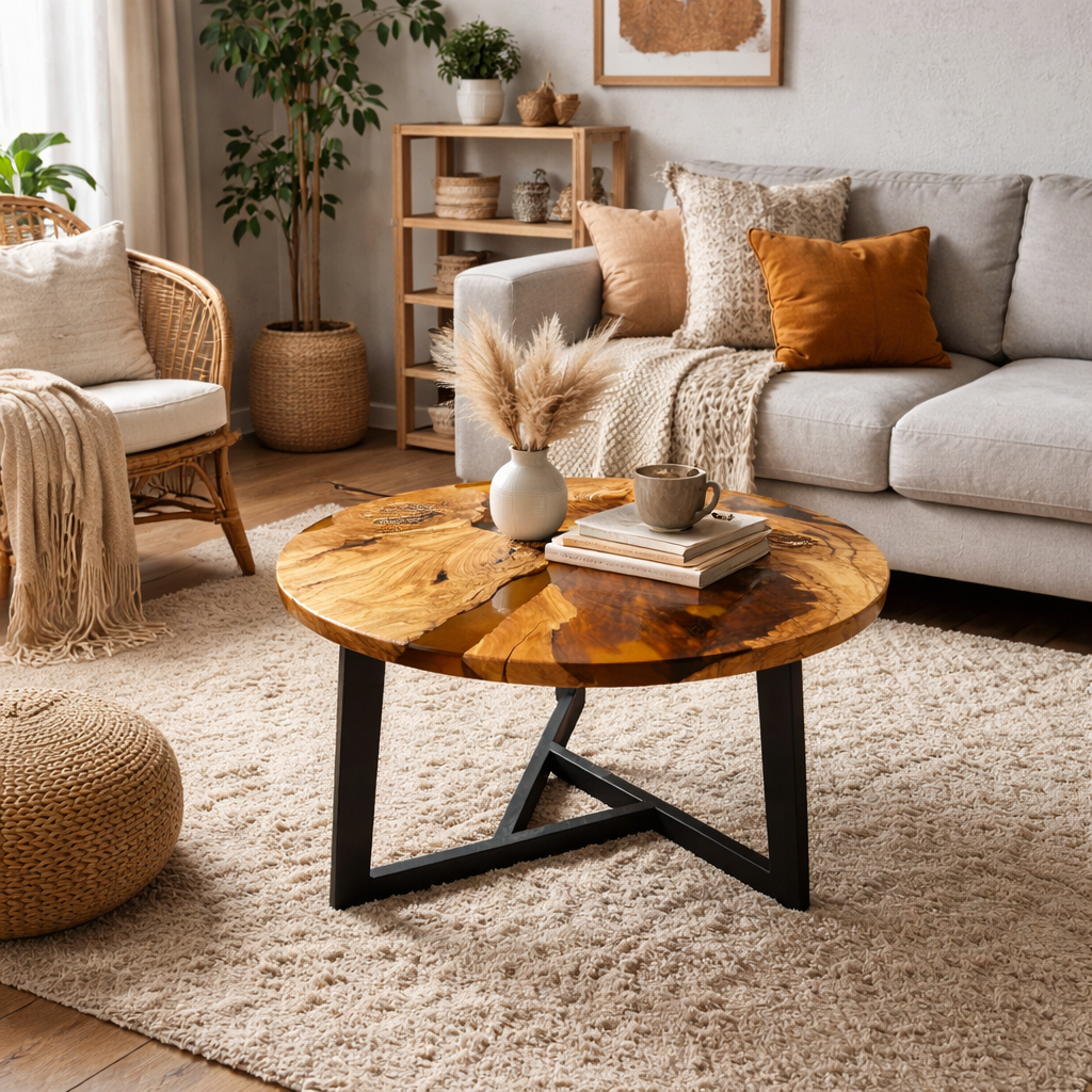 Stolik kawowy z drewna oliwnego i żywicy epoksydowej