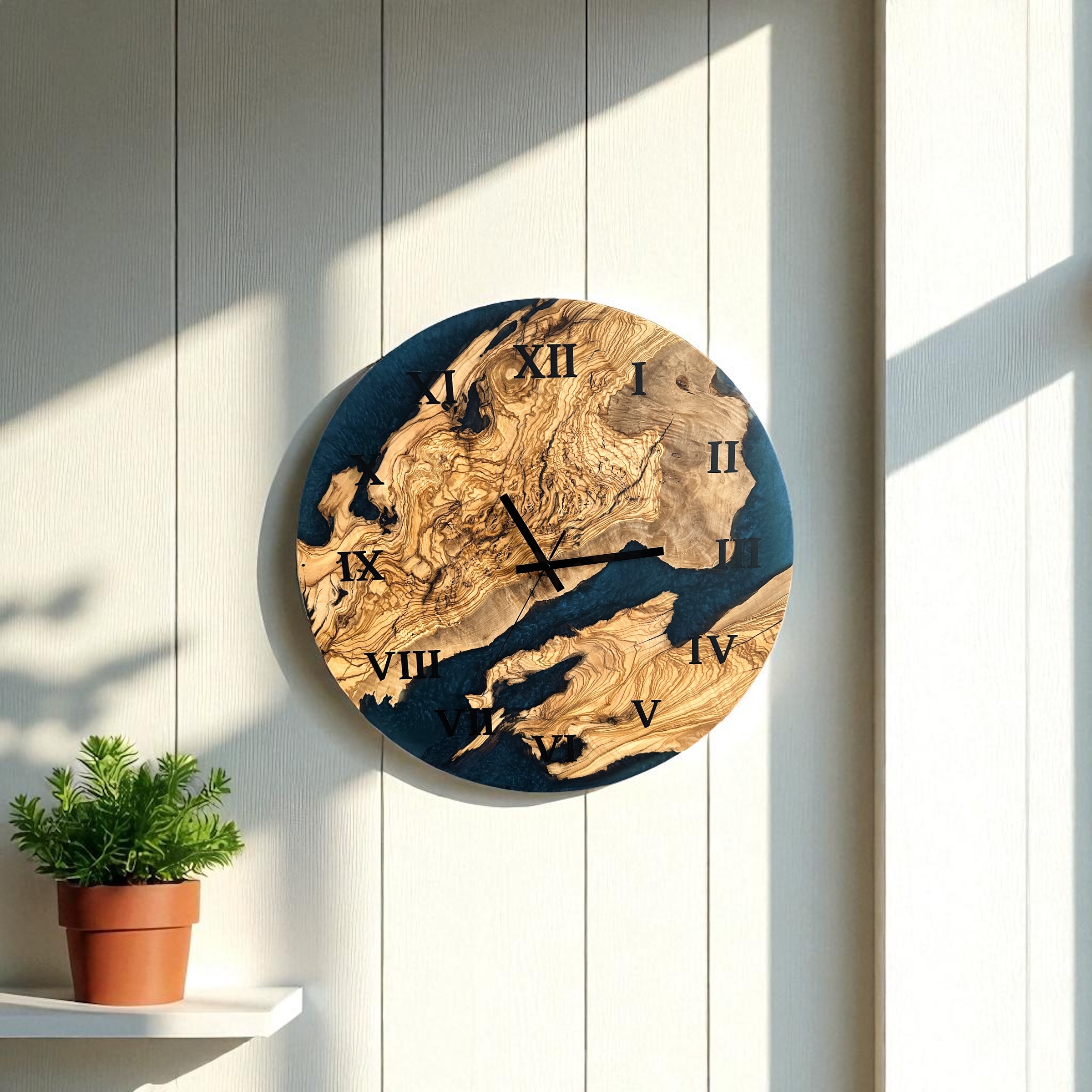 Zegar ścienny z drewna oliwnego i żywicy epoksydowej