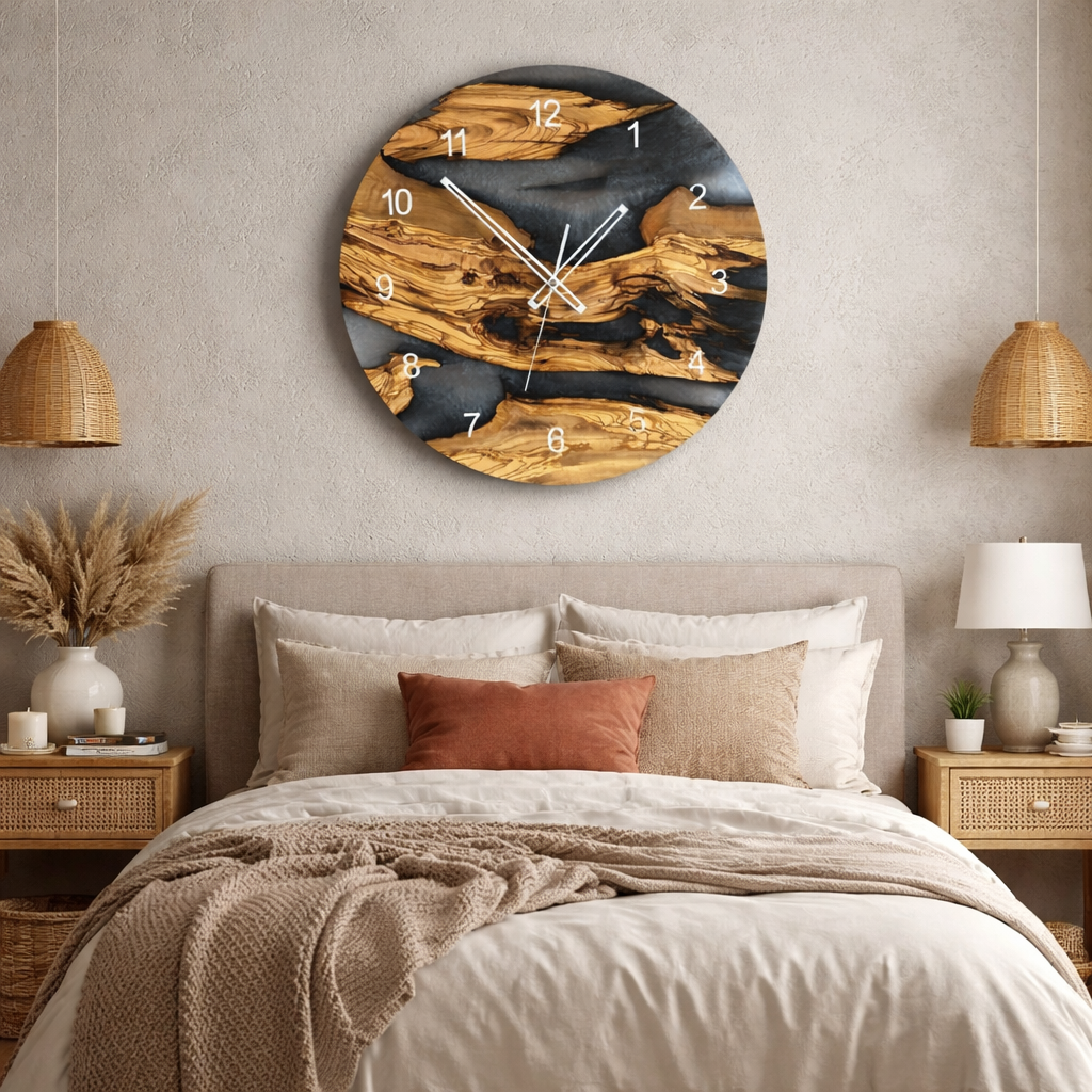 Zegar ścienny z drewna oliwnego i żywicy epoksydowej