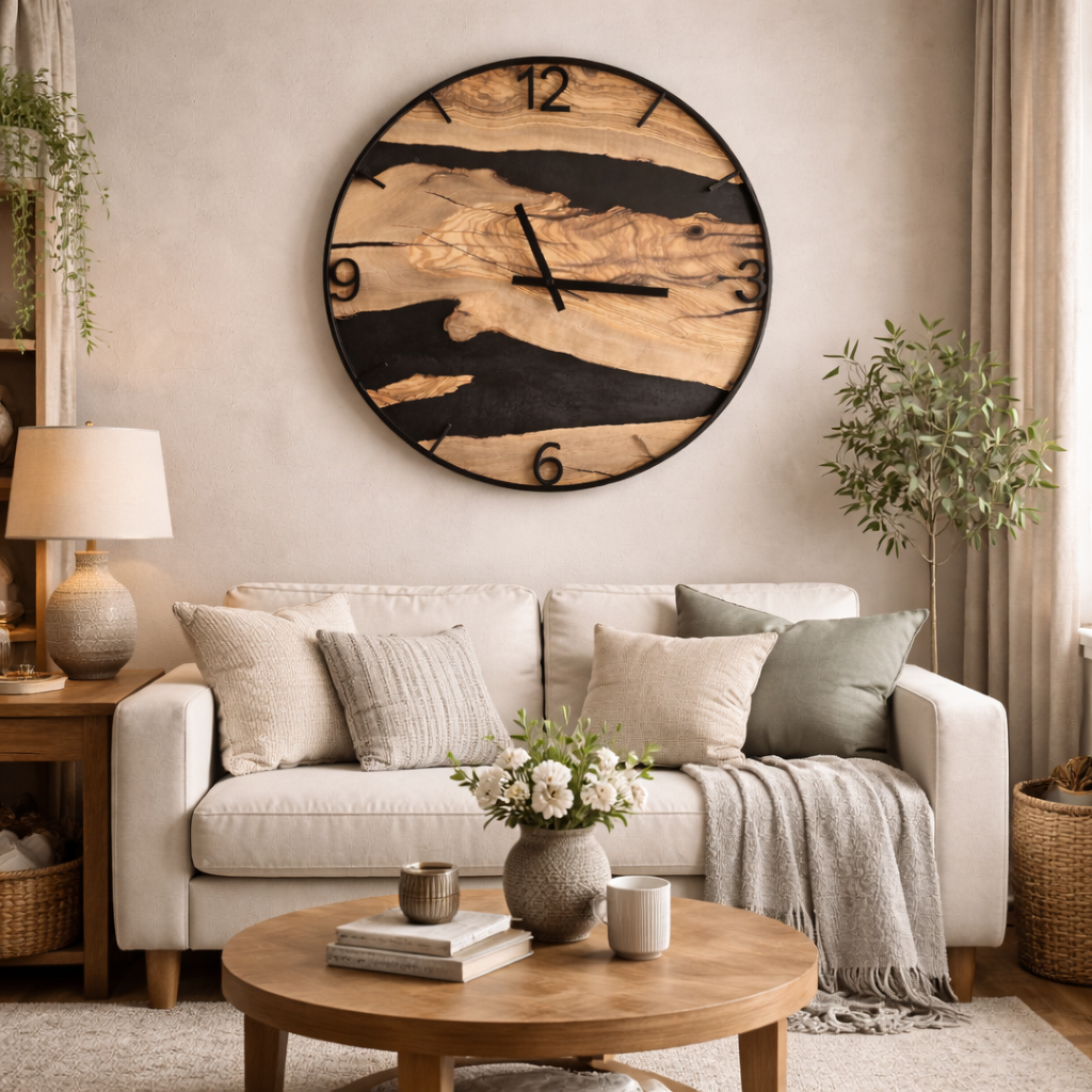 Zegar ścienny z drewna oliwnego i żywicy epoksydowej w metalowej obręczy