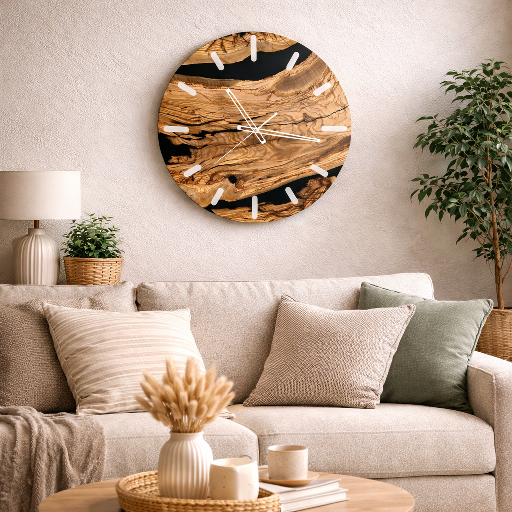 Zegar ścienny z drewna oliwnego i żywicy epoksydowej